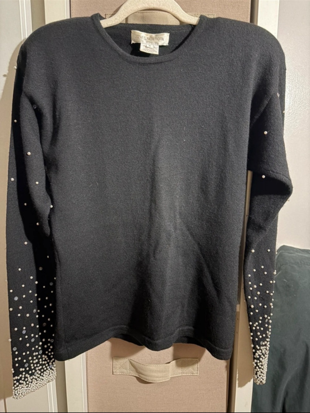 true vintage Black Pearl-Embellished Crewneck Wool Sweater
